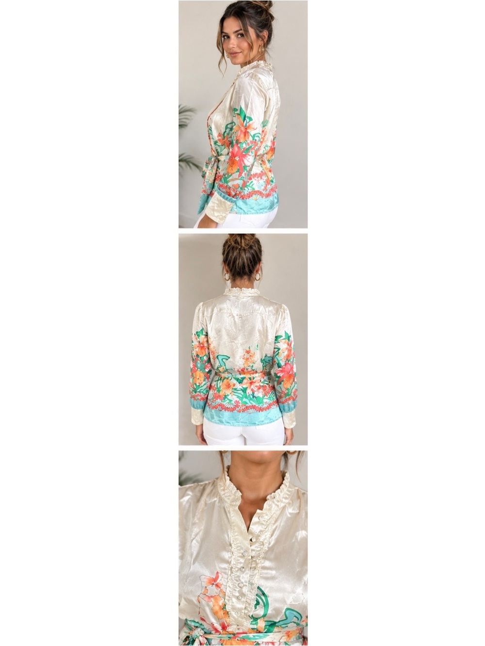 Hale Bob Floral Satin Blouse Size XS Removable Belt Tropical Chic